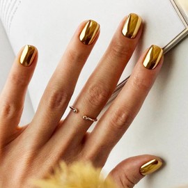 ANDGING Chrome Gold Press on Nails Square Short Fake Nails with Glossy Designs Fantasy Acrylic Glue on Nails for Wedding Classy Gel Manicure False Nails for Women Full Cover Pressons Stick on Nails