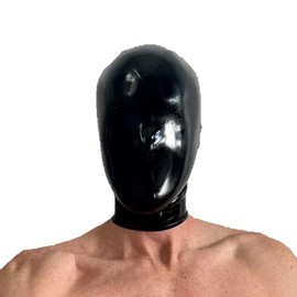 Black Latex Hooded Mask, Full Face Rubber Hooded Mask for Men and Women, Cosplay Costumes, Party and Club Clothing Made of Latex-XL