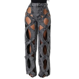 Womens High Waisted Jeans Y2K Trendy Hollow Out Criss Cross Wide Straight Leg Baggy Denim Pants