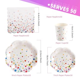 Gudvilla Colorful Birthday Plates and Napkins-200PCS Confetti Plates Disposable Tablew...