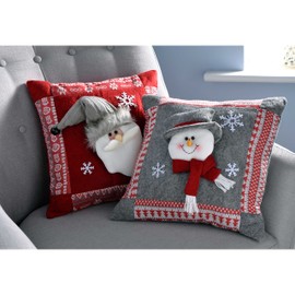 WeRChristmas Santa and Snowman Christmas Cushion Decoration, 35.5 cm - Grey/Red, Set of 2