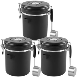 3Pcs Coffee Storage Canister 1.5L Double Airtight Coffee Beans Container with Date Locator 304 Stainless Steel Kitchen Food Storage Container with Spoon for Coffee Beans Grounds Tea Sugar (Black 3Pcs)