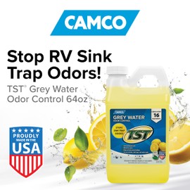 Camco TST Camper/RV Grey Water Odor Control - Removes Grease Buildup in Gray Water Tank, Sink & Shower Drains - 4oz Treats 40-Gal Holding Tank - Safe Septic Tank Treatment - Lemon, 64 oz (40256)