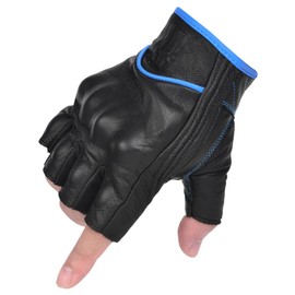 Harssidanzar Fingerless Motorcycle Gloves for Mens Leather Riding Driving Half Finger Gloves GM037, Black/Blue, Size X-Large