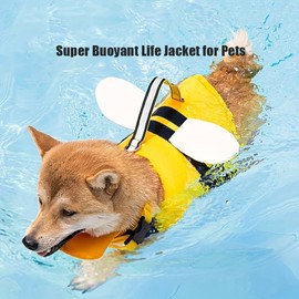 Polyamide Summer Pet Life Jacket - Bee Shape Dog Swim Vest with Strong Pull Handle for Medium, Small, Mini & Toy Breeds - Woven Snap Button Dog Lifejacket for Swimming - Color: Yellow, Size: S