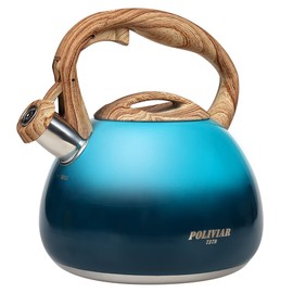 Poliviar Modern Kettle Induction Whistling Kettle Stainless Steel Tea Kettle for All Hobs Whistling Kettle with Wooden Handle Kettle for Tea Coffee Approx. 3 Litres Dark Blue (JX2018-DB20-DE)