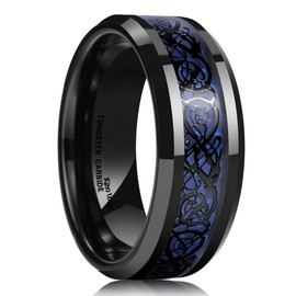 King Will Men's 8mm Blue Carbon Fiber Black Celtic Dragon Tungsten Carbide Ring Wedding Band 11.5