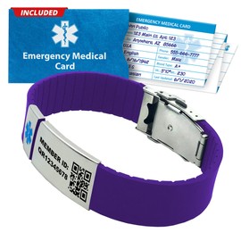 QR Code Medical Alert Bracelet with Medical Badge – Adjustable Silicone Wrist Band, Waterproof with Emergency Card & Lifetime Access to PHR (Personal Health Record), Purple
