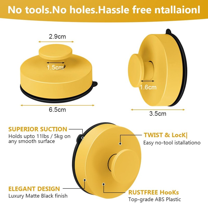 flintronic Pack of 2 Yellow Wall Hooks, Suction Cups, Suction