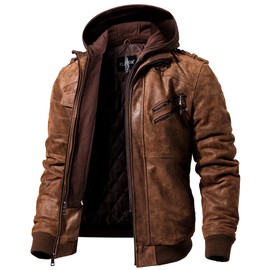 FLAVOR Men Brown Leather Motorcycle Jacket with Removable Hood (XX-Large (US standard), Brown)