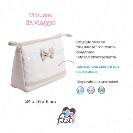 Filet - Reisetasche mit Reißverschluss, Aida Canvas Stickerei Tasche, Beauty Product Organiser, Made in Italy, Maße 24 x 16 x 6 cm, Farbe Weiß und Beige