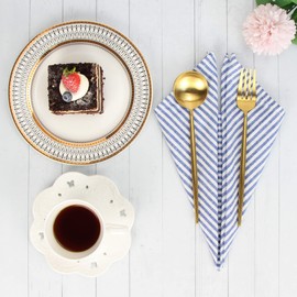 INFEI Plain Striped Cotton Linen Blended Dinner Cloth Napkins - Set of 12 (17 x 17 inches) - for Events & Home Use (Blue)