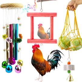 FlidRunest 4PCS Chicken Coop Accessries Toys Set, Chicken Wind Chime Toy, Vegetable String Bag, Mirror Toy and Chick Beak Grinding Calcium Stone, Hanging Enrichment Toys for Coop, for Hens Chick Bird