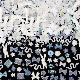 COOSLIM 110 Pieces 3D Nail Charms for Acrylic Nails, Camellia Rose Flower Butterfly Bowknot Heart Bear Rabbit Star Charms for Nail Art Designs DIY Accessories Craft(White)