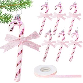 6pcs Candy Cane Christmas Decorations Glitter Pink Christmas Tree Decorations Candy Cane with Ribbon for Christmas Tree Decoration Hanging Ornaments (Pink)