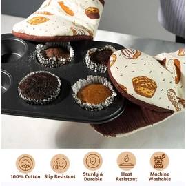 Folkulture Mini Oven Mitts Heat Resistant | (5.75 x 9) Set of 2 Short Oven Mitts with Hanging Loop | 100% Cotton Oven Gloves or Kitchen Mittens | Small Silicone Oven Mits or Baking Accesories