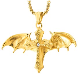 COOLSTEELANDBEYOND Mens Steel Gold Color Bat Wing Cross Pendant Necklace, Cubic Zirconia, Gothic Fantasy Vampire Knight, Metal, Cubic Zirconia