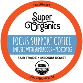 Super Organics Focus Support Fair Trade Coffee Brew Cups With Superfoods & Probiotics, Keurig K-Cup Compatible, Adaptogens, Medium Roast, USDA Certified, Vegan, Non-GMO, 12 Count