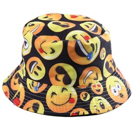 BYOS Fashion Packable Reversible Black Printed Fisherman Bucket Sun Hat, Many Patterns (Emoji)