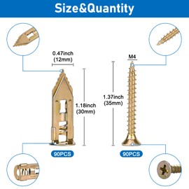 Vmuter 180 Pcs Self-Drilling Drywall Anchors with Screws Kit, Zinc Plated Steel, Easy Application No Drill or Holes in Wall, 90 Anchors and 90 Screws