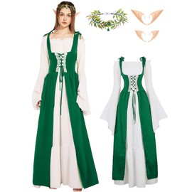 Verceco Renaissance Dress Medieval Costume Dress for Women with Flower Crown Elf Ears Renaissance Fairy Costume for Women Girls (Green, M)