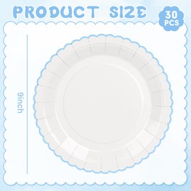 ZUQMZUQ 30 Pcs Blue and White Paper Plates, 9 Inch Baby Shower White Dinner Plates, Baby Blue Scalloped Paper Plates Party Supplies for Baby boy Shower, Wedding, Birthday, Bridal Shower