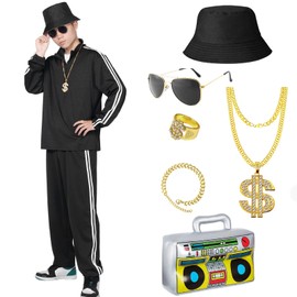 80s Costume Retro Tracksuit 90s Hip Hop Costumes Rapper Outfit Shell Suit Party Dress for Men (Black, X-Large)