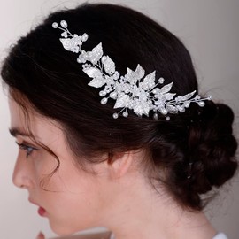 BERYUAN Bridal Pearls Leaves Hair Comb for Bride Women Girls Cute Comb SILVER