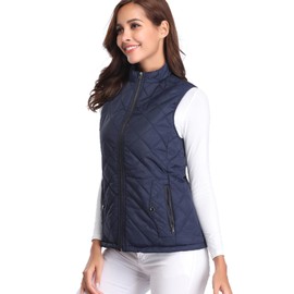 Fuinloth Women's Quilted Vest, Stand Collar Lightweight Zip Padded Gilet Dark Blue XL