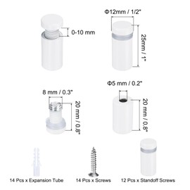 sourcing map 12 Pcs 1/2" x 1" Standoff Screws Stainless Steel Wall Mount Sign Mounting Hardware Kit with 14pcs Screws for Hanging Acrylic Glass Signs Advertising Boards, White