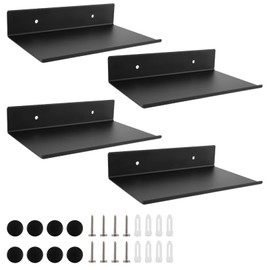 FWEEK Pack of 4 Black Floating Shelves, 20 cm Small Wall Shelf, Black Metal Shelf, Black Wall, Bathroom Shelf, Wall Mounted with Hole and Screws for Storage and Decoration