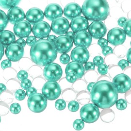 PATIKIL 150 Pieces Floating Beads, 8/14/20mm Vase Fillers Beads Vase Centerpieces Floating Pearl Bead No Hole and 8000Pcs Clear Water Gel Bead for Vase Decoration, Lake Green