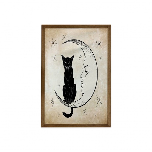 Ambesonne Moon Framed Wall Art, Black Cat Sitting on White