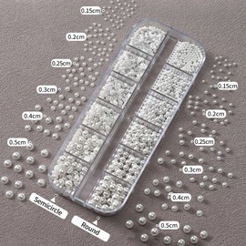 12 Grids Pearl Beads Nail Art Charms Nail Pearls White Pearl Charms for Nails Design Flat Back Pearls for Crafting Manicure Bead Kit Women Nail Beads Fingernail Decorations Cute Beads for Crafts