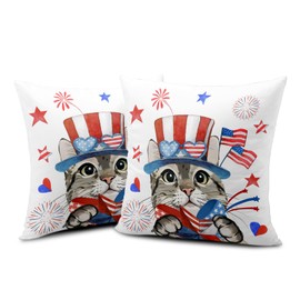 Wnoesat 4th of July Cat Patriotic Throw Pillow Covers 18x18 Set of 2 American Flag Stars Fireworks Decorative Pillow Covers Independence Memorial Day Pillow Cases for Outdoor Couch Porch