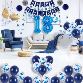 NANINUNENO 18th Birthday Party Decorations In Blue Boys And Girls, Supplies Happy Balloons With Banner, Numbers, Star Streams, Swirls Hanging