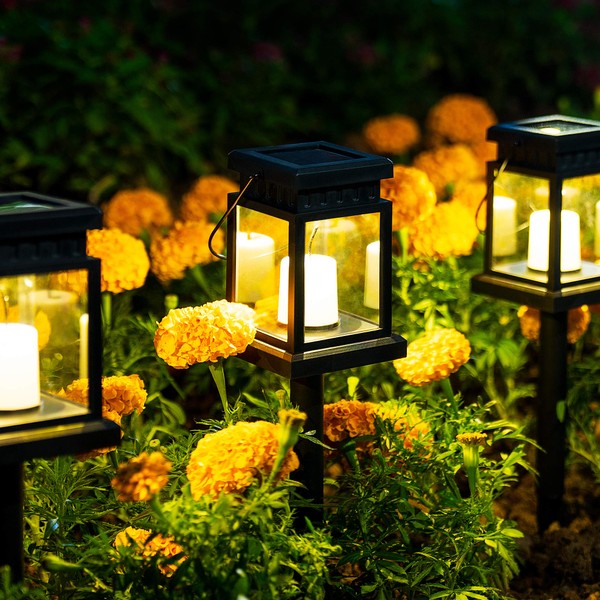 Solpex Solar Pathway Lights 8 Pack LED Outdoor Hanging Lanterns Garden Solar Lights with Stake for Walkway, Waterproof Decorative Candle Light Effect Lantern for Pathway, Patio, Deck
