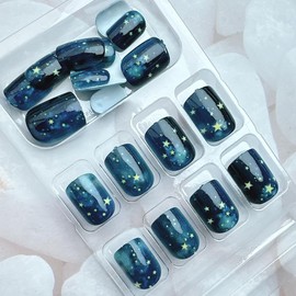 24Pcs Short Press on Nails Square Nails Gradient Starry Sky Fake Nails with Star Designs Reusable Dark Blue False Nails Gold Stars Acrylic Nails Full Cover Glue on Nails for Women Girls Nail Supply