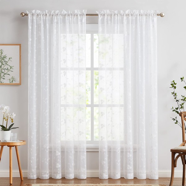TOPICK White Sheer Curtains for Living Room, Embroidered Voile Window