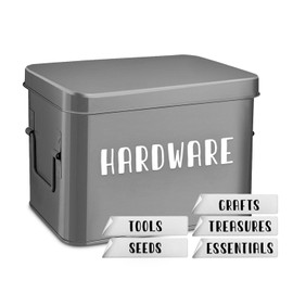 Flexzion Tin Storage Box with Removable Tray, 8 Inch Seed Organizer Box and Metal Seed Holder Organizer with Hinged Lid, Toolbox Container for Crafts, Hardware, Tools, Essentials, Gray