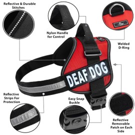 Doggie Stylz Dog Harness with Removable Patches and Reflective Trim. Dog Vest Comes with 2 DEAF DOG Reflective Hook and Loop Patches. Measure Dogs Girth Before Purchase (Girth 28" - 38" Red)