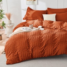 HYMOKEGE Burnt Orange King Size Comforter Set Seersucker 7 Pieces, All Season Luxury Bed in a Bag for Bedroom, Bedding Set with Comforters, Sheets, Pillowcases & Shams