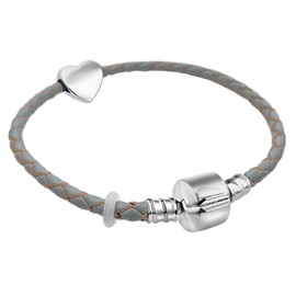 19cm Ladies Womens Leather Starter Charm Bracelet with Silver Heart and Gift Box Size Small (Grey)