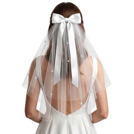 Bride Veil, Short White 22.4 Inch Bachelorette Veil with Bow & Pearls - Elegant Tulle Comb Hold, Bridal Bridesmaid Gift for Women and Girls
