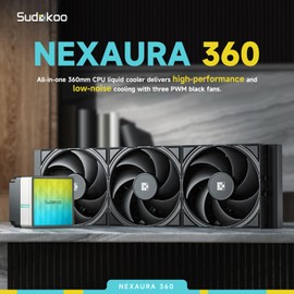 Sudokoo Sudokoo NEXAURA 360 Liquid CPU Cooler: 360mm AIO CPU Cooler with PWM Pump & ARGB Pump Head - Water Cooling with FDB Fans for Intel LGA 1851/1700/1200/115X AMD AM5/AM4 - Black