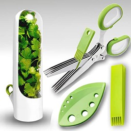 Herb Scissors with Multi Blades - Herb Storage Container and Herb Keep Set