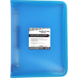 Grafoplás Ring Binder with Zip A4+, Light Blue, Multiline, 4 Mixed Rings 25 mm, Vertical Ruled Polypropylene Cover, Extra Capacity for Sheets of Paper, Folio Format