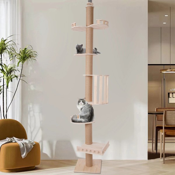 Unbranded Wooden Floor to Ceiling Cat Tree Tower Natural Sisal