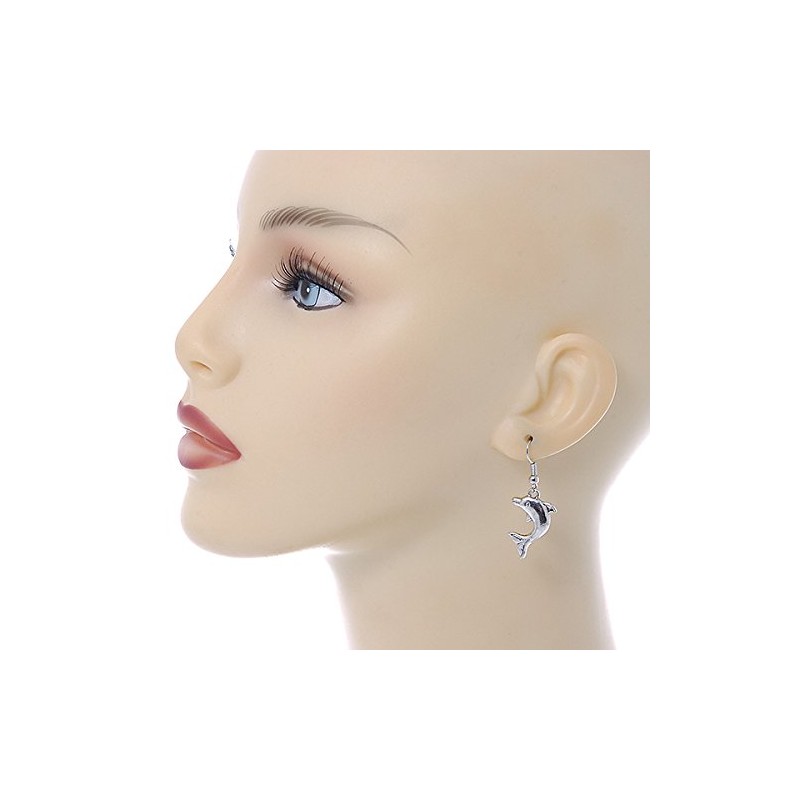Cute Dolphin Drop Earrings/Silver Tone/ 40mm L