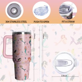 40oz Mermaid Tumbler with Handle and Straw, Animal Lovers Gifts for Women, Stainless Steel Travel Mug Water Bottle, Vacuum Insulated Cup with Lid